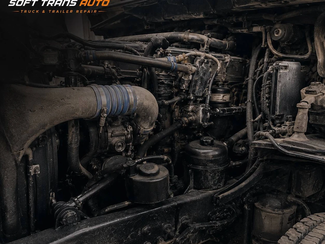 Diesel engine bay opened up for repair at Soft Trans Auto