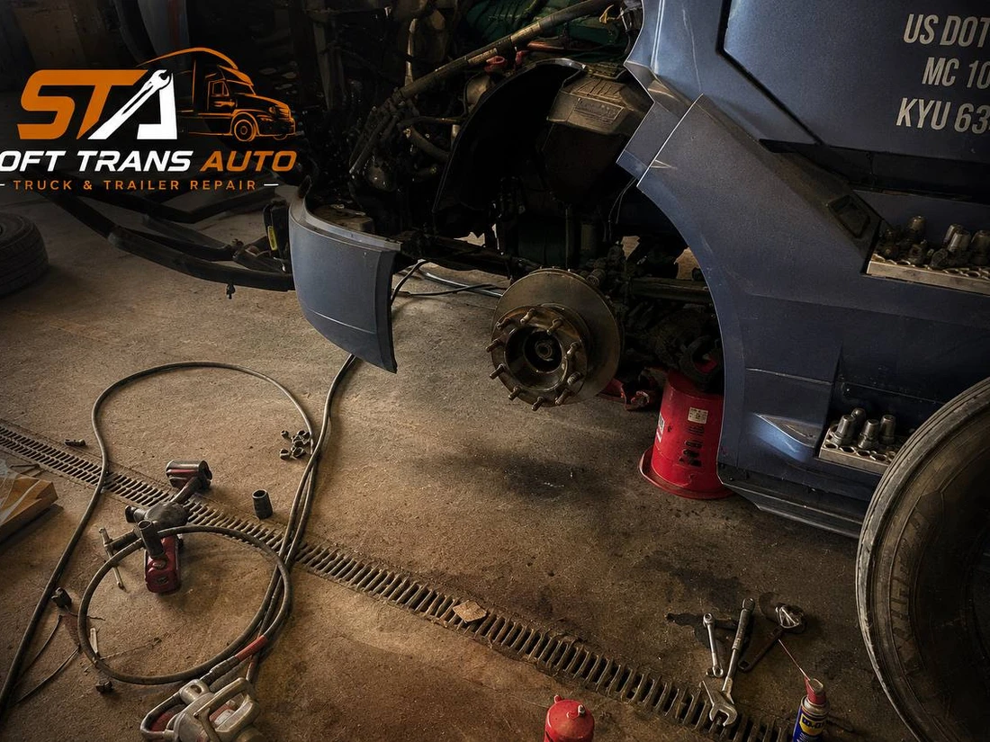 Wheel end and brake service on a semi truck in the shop