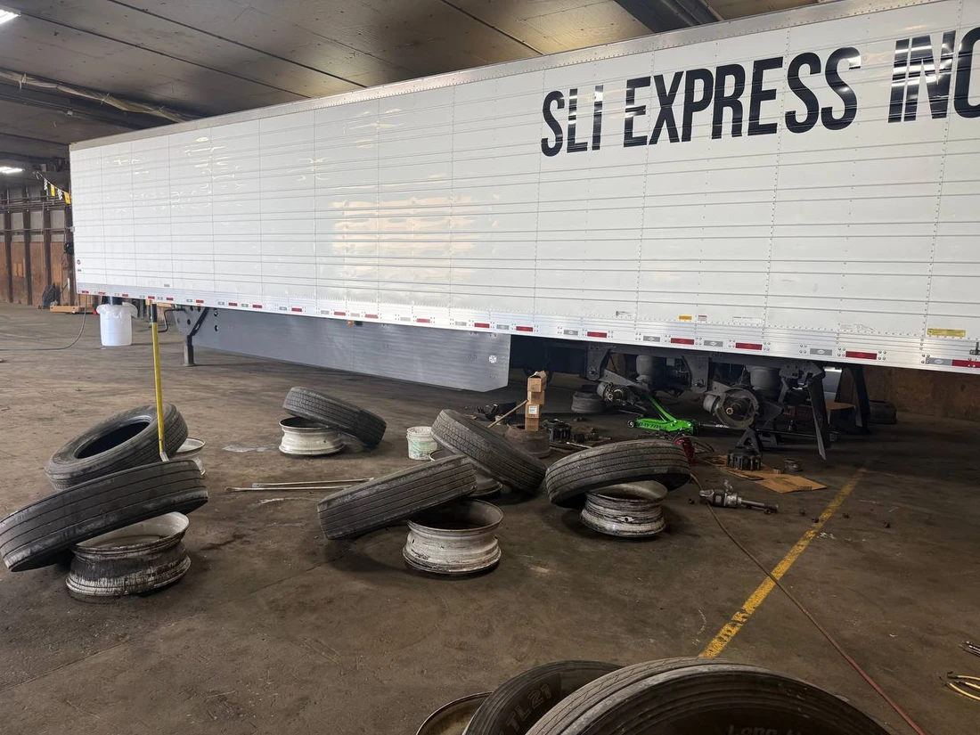 Dry van trailer in for wheel and brake repair