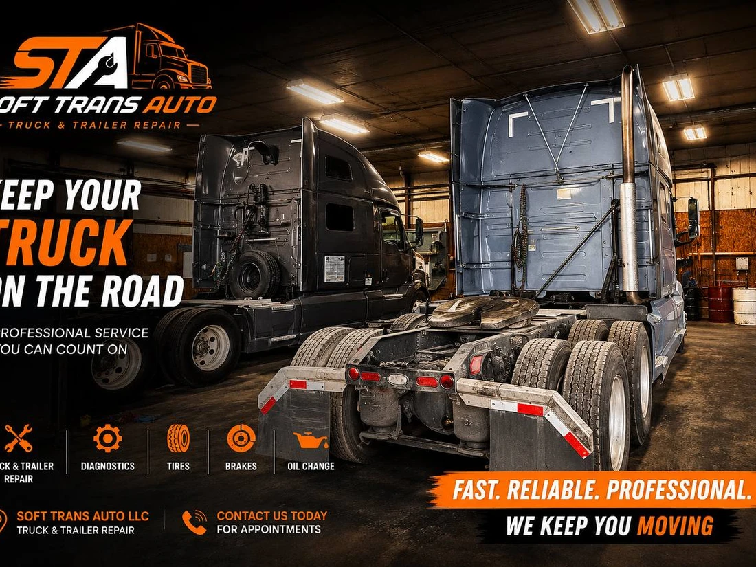 Semi trucks in the Soft Trans Auto service bays