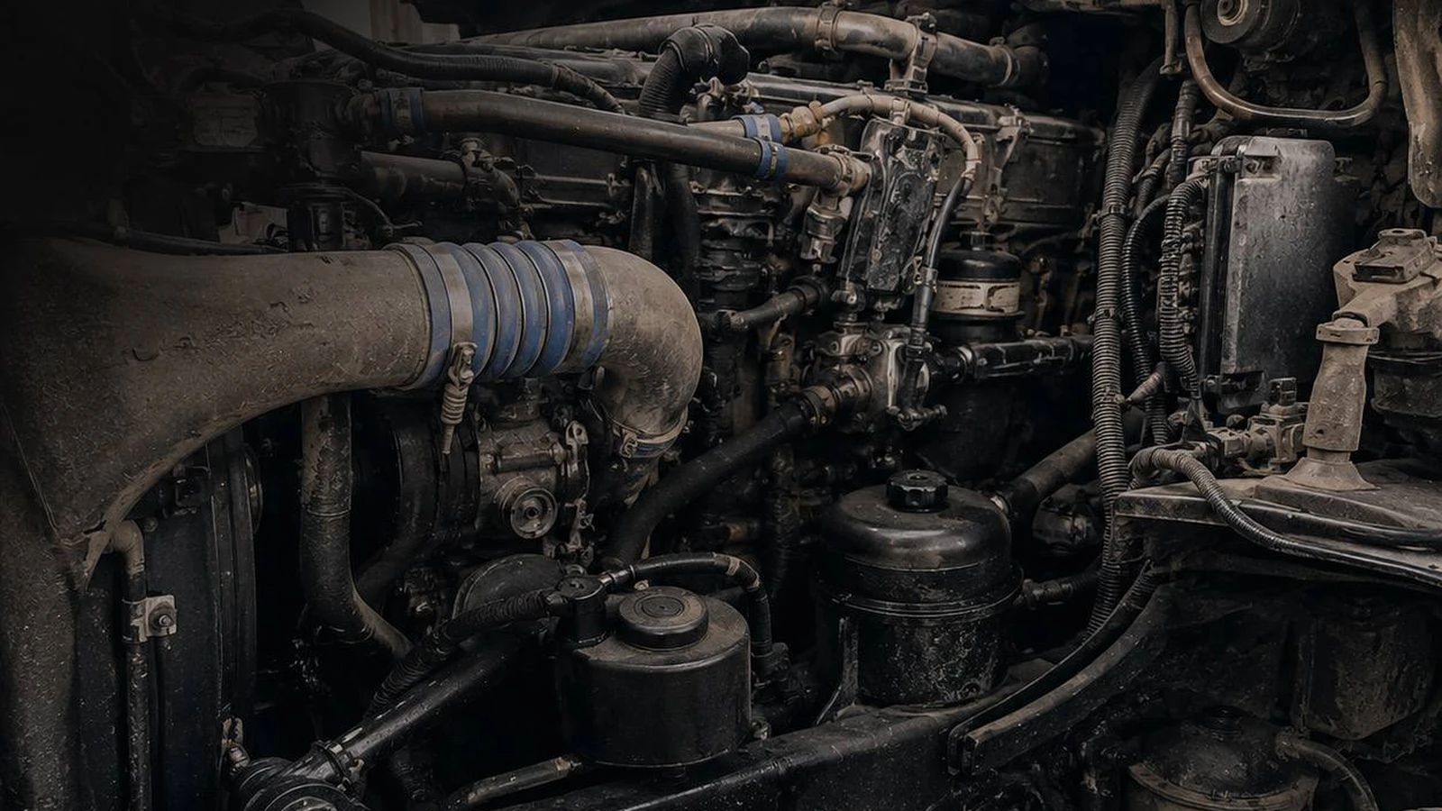 Diesel engine bay opened up for diagnostics and repair
