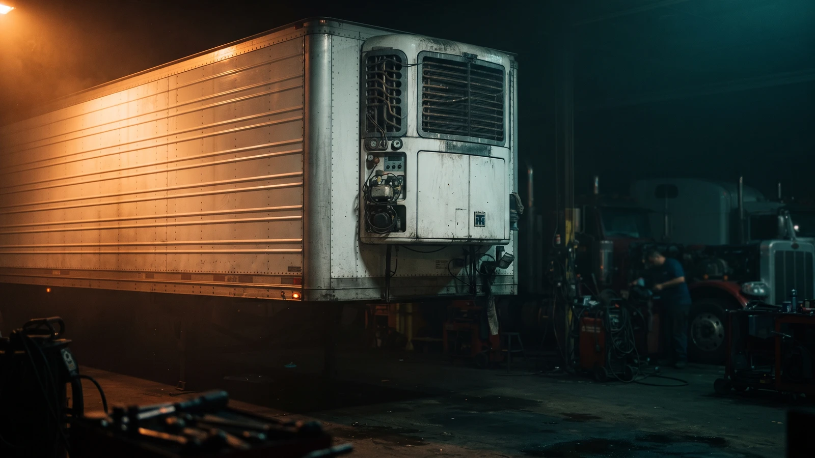 Reefer unit on the nose of a refrigerated trailer in for service at Soft Trans Auto