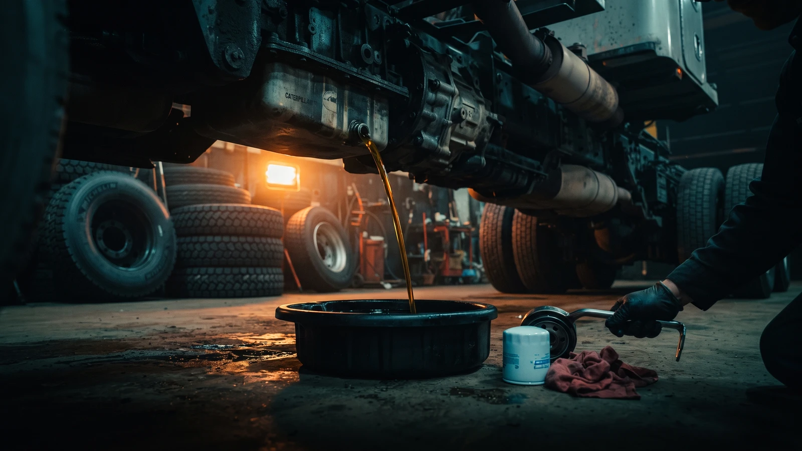 Engine oil draining into a pan during a lube service on a semi truck