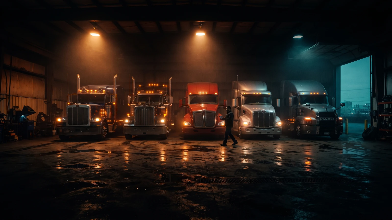 Fleet of semi trucks lined up in the shop for scheduled preventive maintenance
